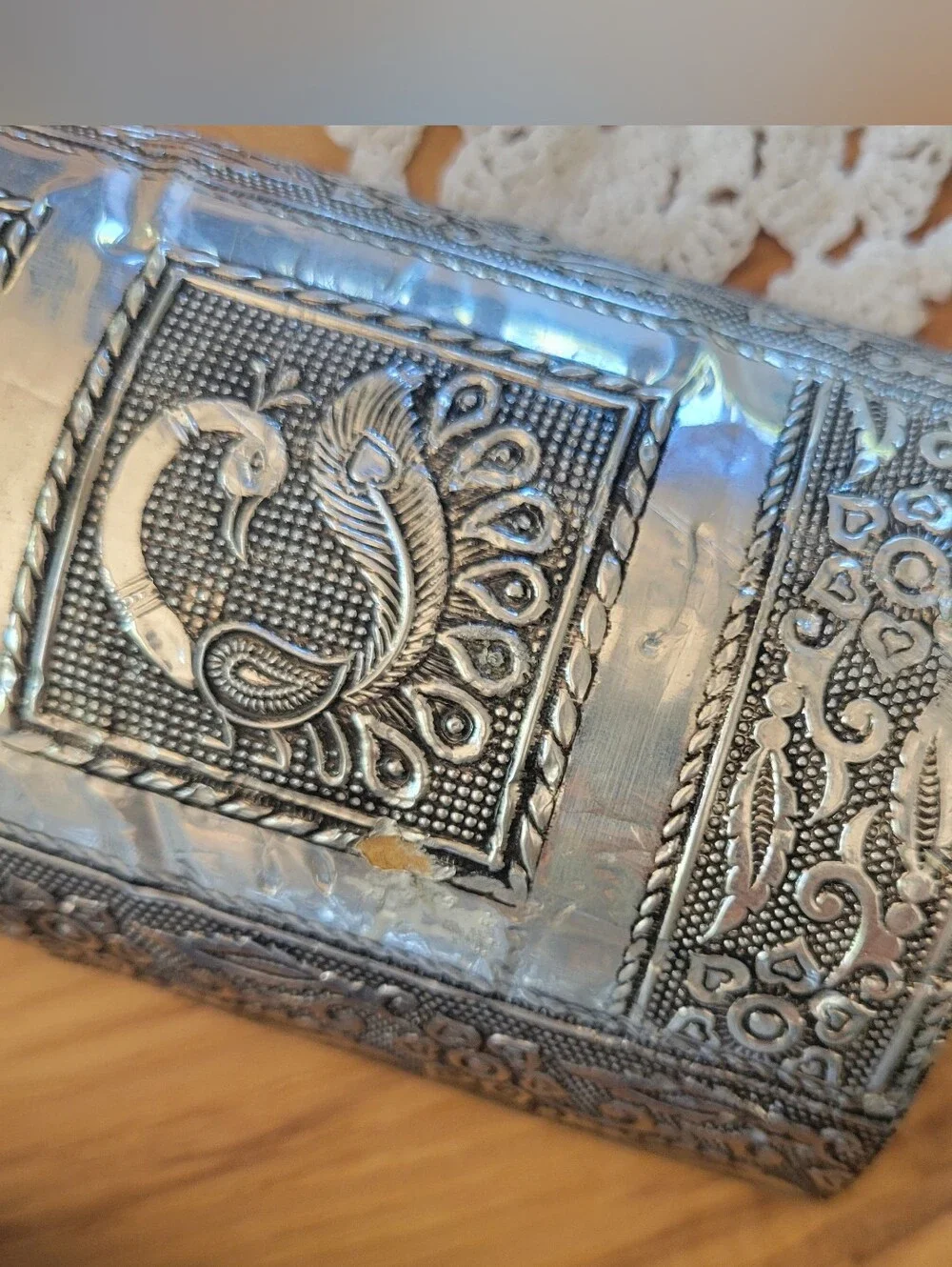 Vintage Indian Embossed Silver Metal Trunk Jewelry Box Purple Velvet Lined